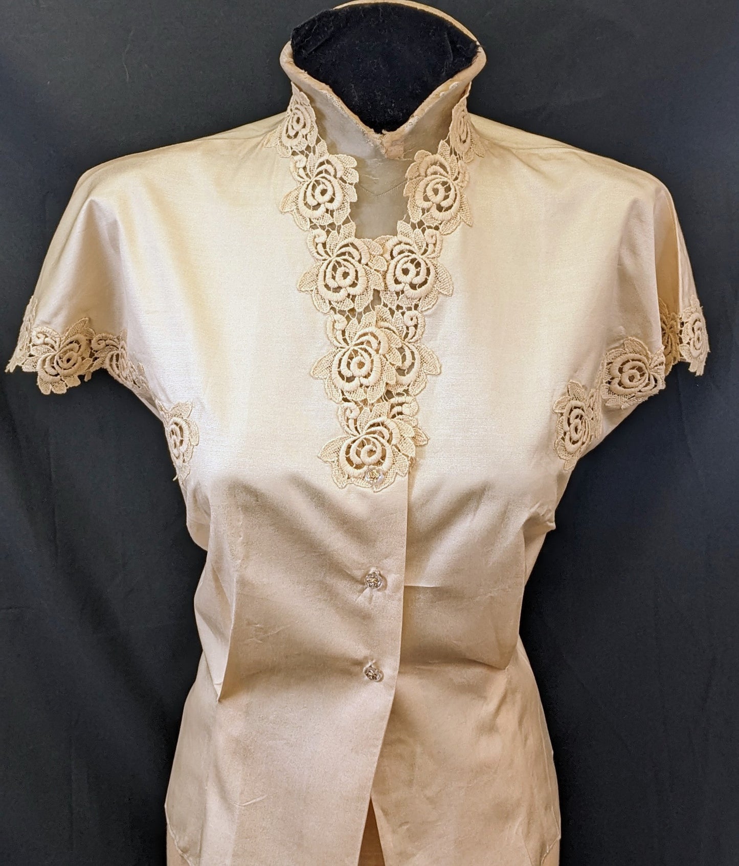 1950s Silk Blouse with Lace Trim