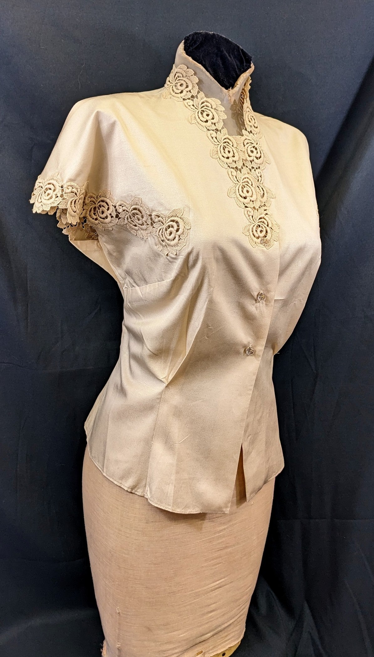 1950s Silk Blouse with Lace Trim