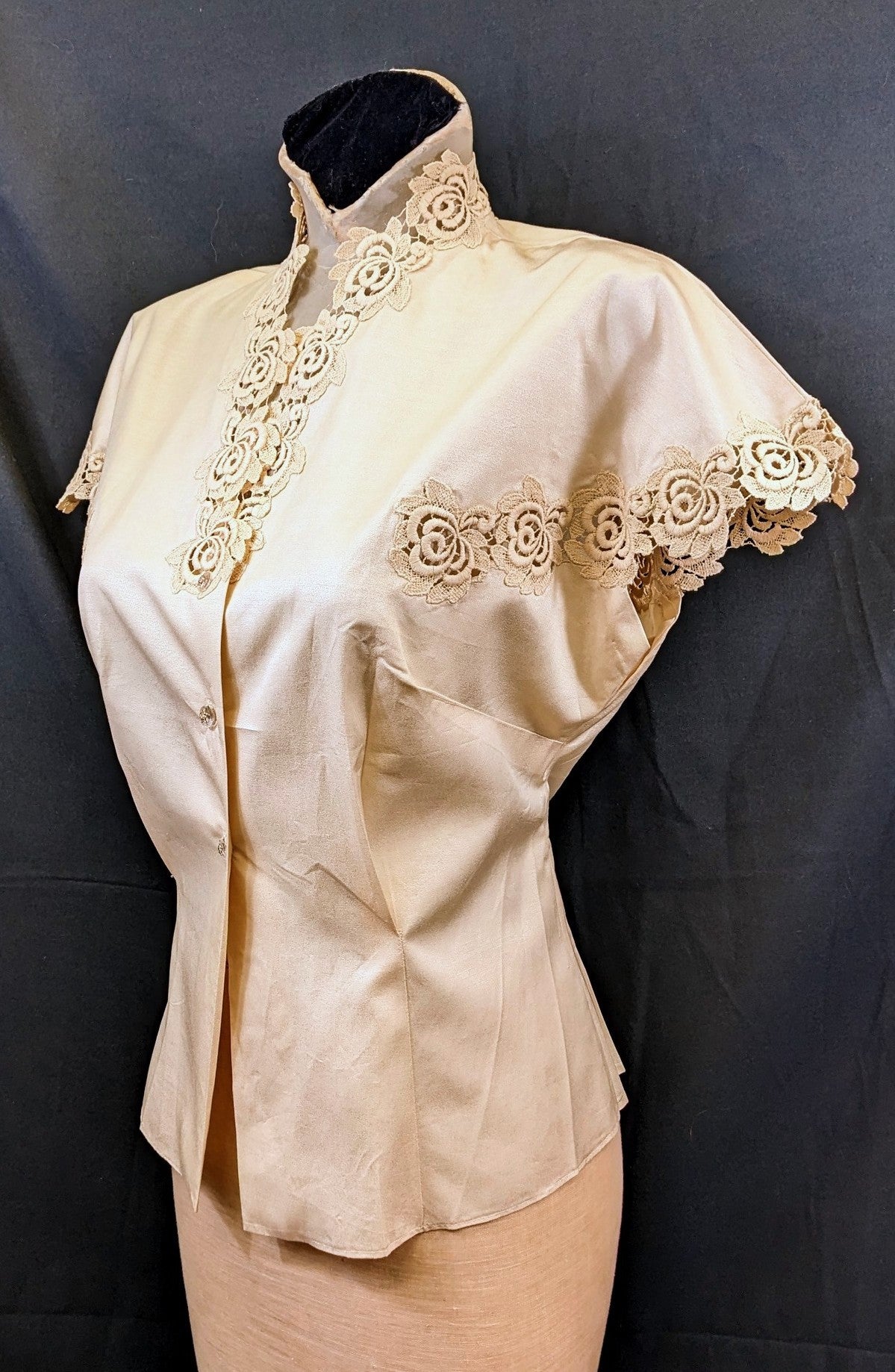 1950s Silk Blouse with Lace Trim