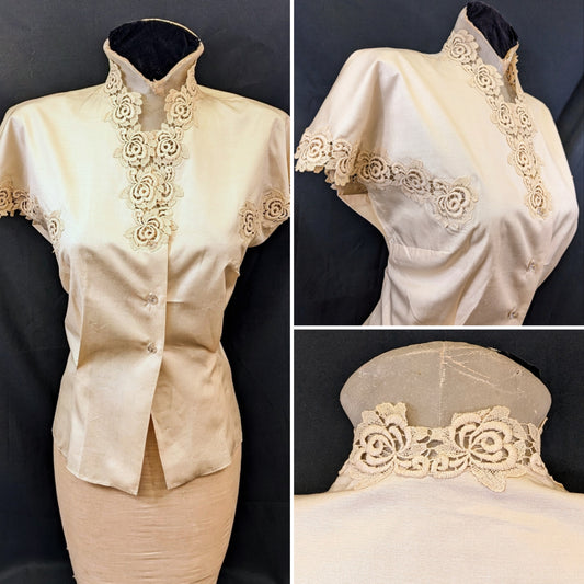 1950s Silk Blouse with Lace Trim