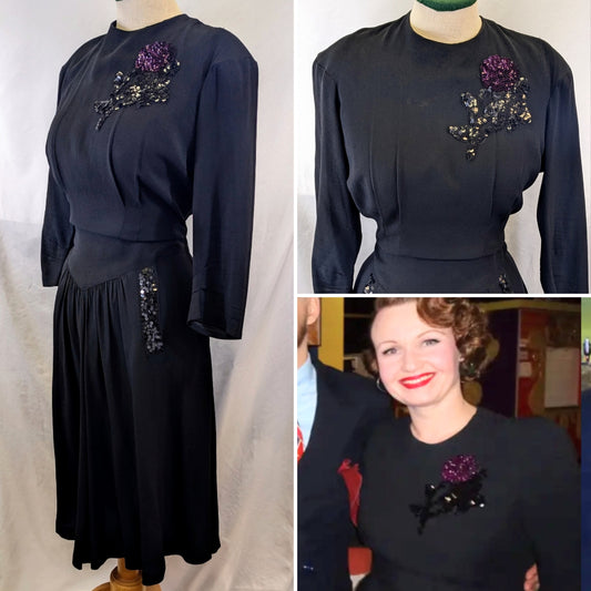 1940s Black Crepe Pocket Dress
