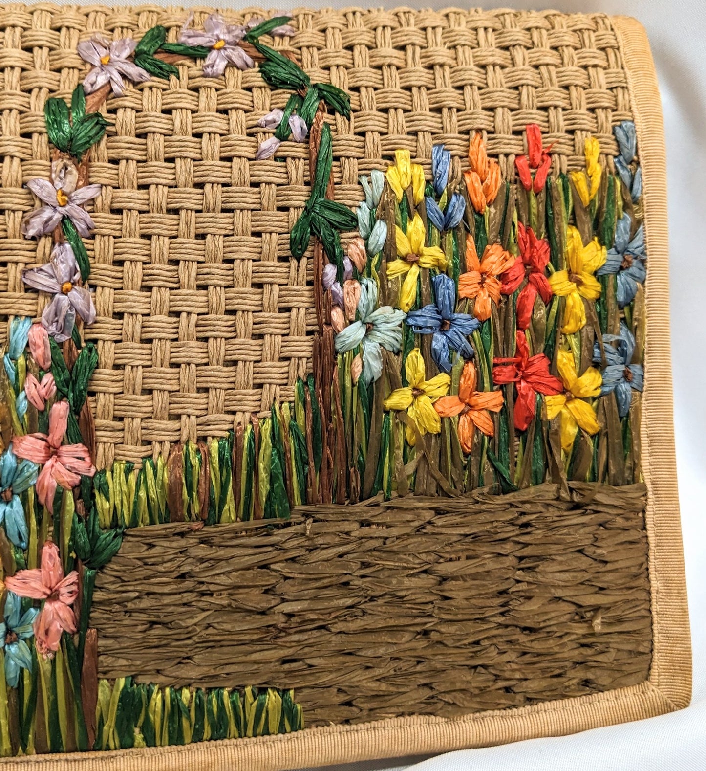 1930s Raffia Embroidered Straw Bag